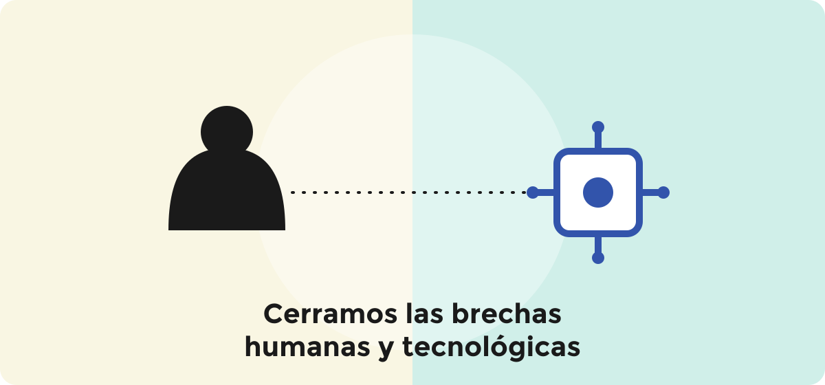 Ilustración de una figura humana conectada por una línea punteada a un icono de chip, que representa la unión entre talento humano y tecnología
