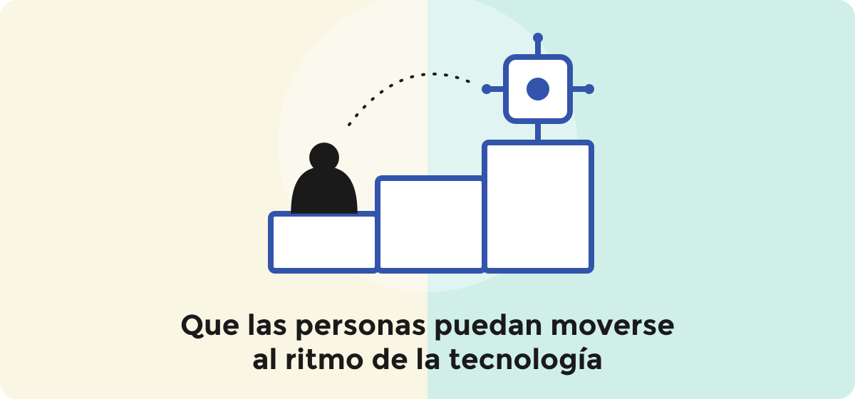Ilustración de una persona sobre el primer escalón de una escalera de tres peldaños que sube hacia un chip, que representa el camino para que las personas avancen junto con la tecnología